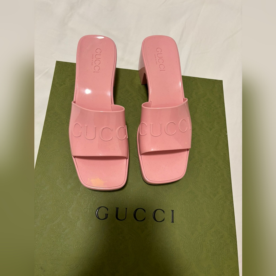 Gucci Wild Rose Platform Pink Block Heel Slides Sandals Size 37